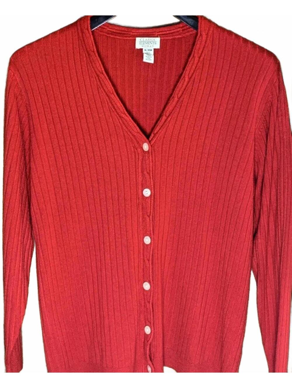 Vintage Classic Elements Ribbed Knit Size 1X 16/18 Red Cardigan Sweater
